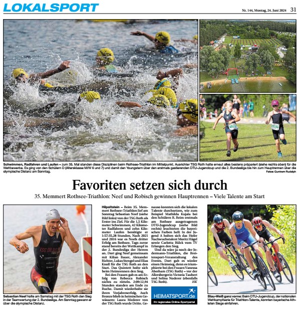 Artikel des Hilpoltsteiner Kuriers zum 35. Memmert Rothsee Triathlon 2024